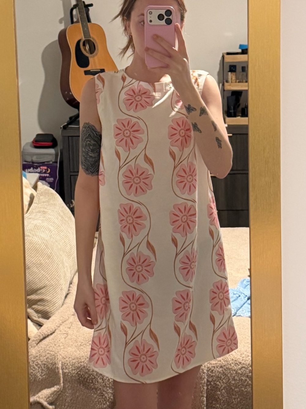 Commense Cream Mini Dress with Pink Floral Motif